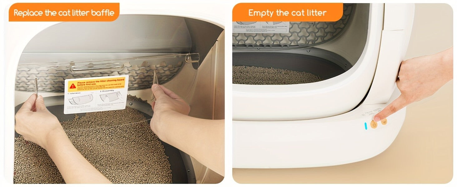 Instructions for replacing a cat litter baffle and emptying a cat litter box.