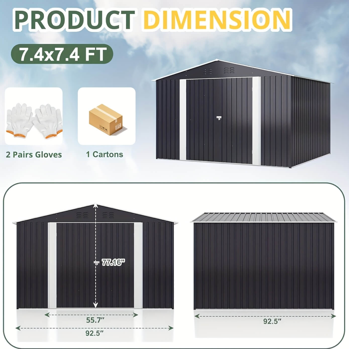 Metal storage shed with dimensions and included items displayed on a blue sky background