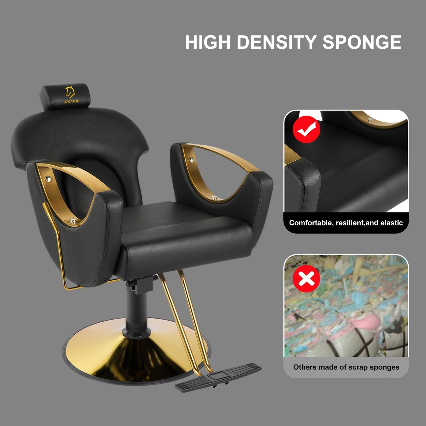 Black and gold reclining barber chair with high density sponge feature on a gray background