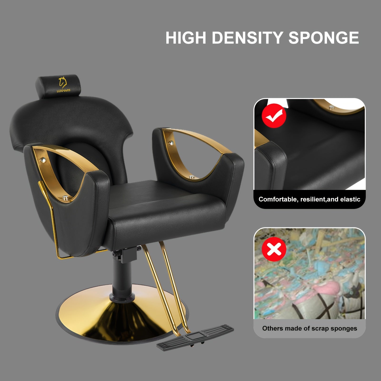 Black and gold reclining barber chair with high density sponge feature on a gray background