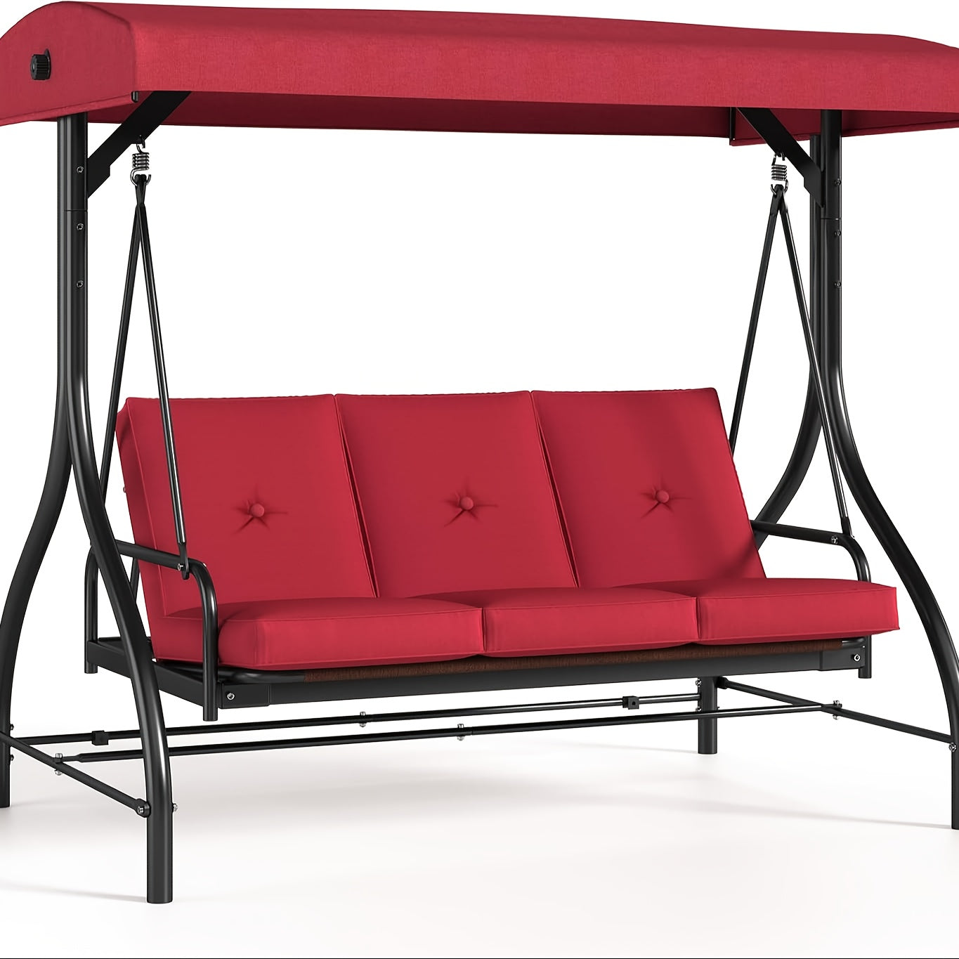 Red three-seater swing with black metal frame on a white background
