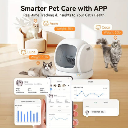 Meowant self cleaning litter box with app interface showing cat health tracking on a wooden floor.