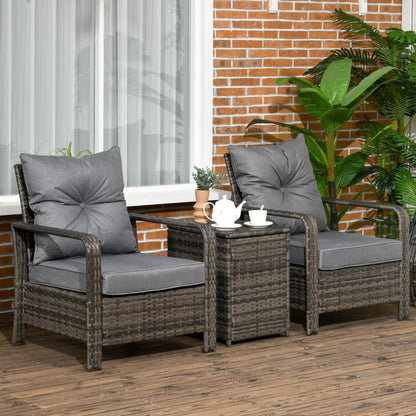 Two wicker chairs with gray cushions and a small table on a wooden deck.