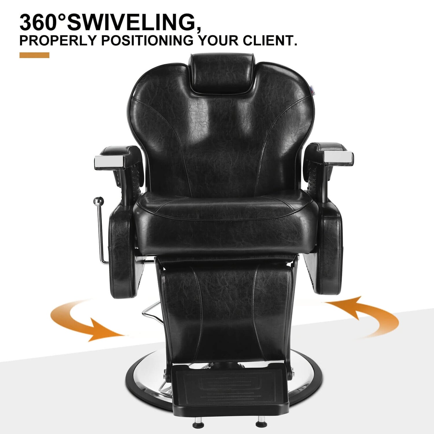 Black professional barber chair with text about swiveling capabilities on a white background