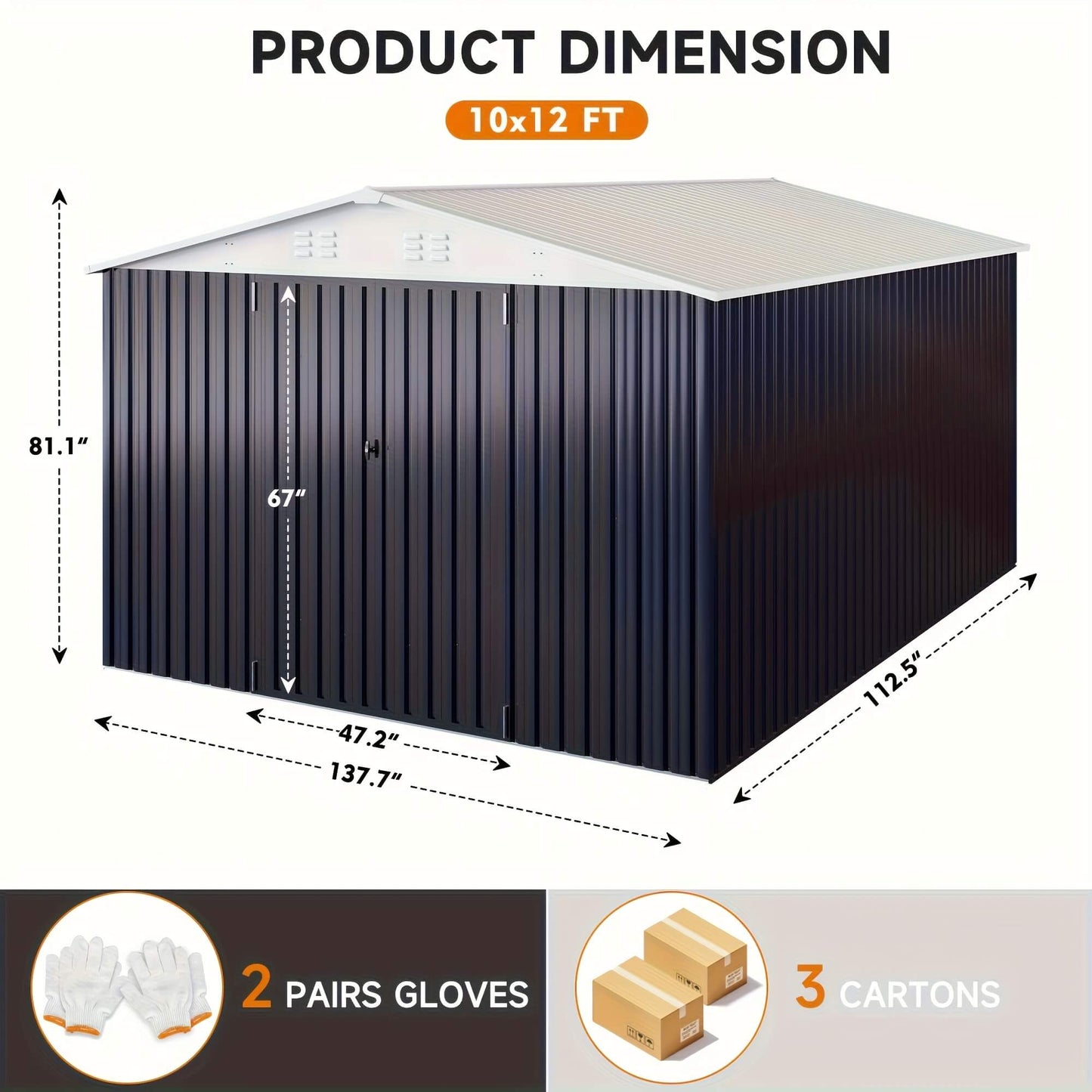 Dimensions of a 10x12 foot metal storage shed with product details at the bottom.