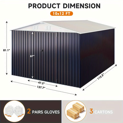 Dimensions of a 10x12 foot metal storage shed with product details at the bottom.