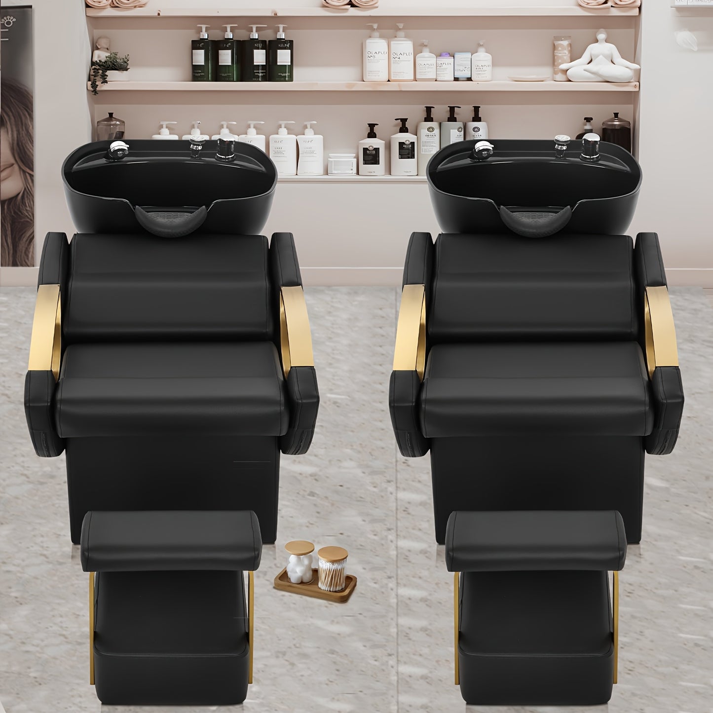 Two black salon backwash units with shampoo basins in a salon setting.