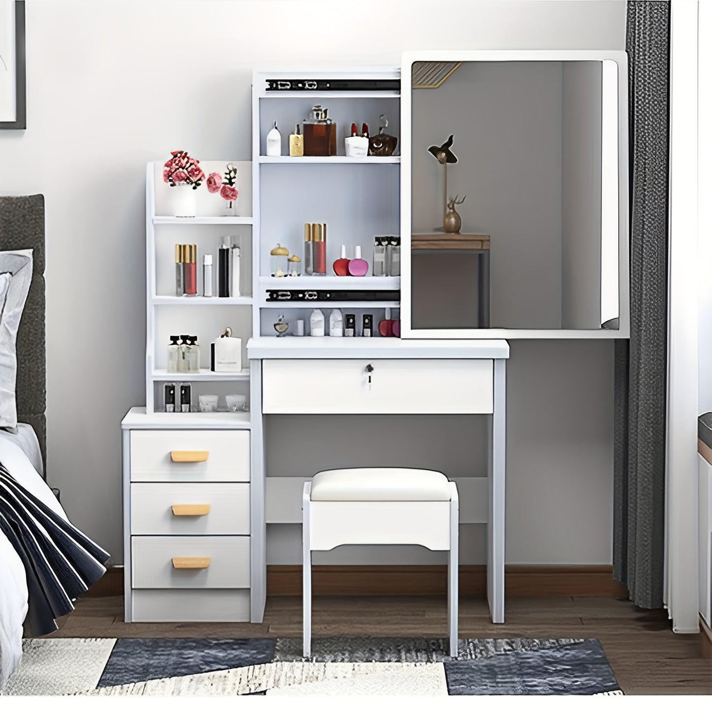 White vanity with mirror, drawers, and stool in a bedroom setting.