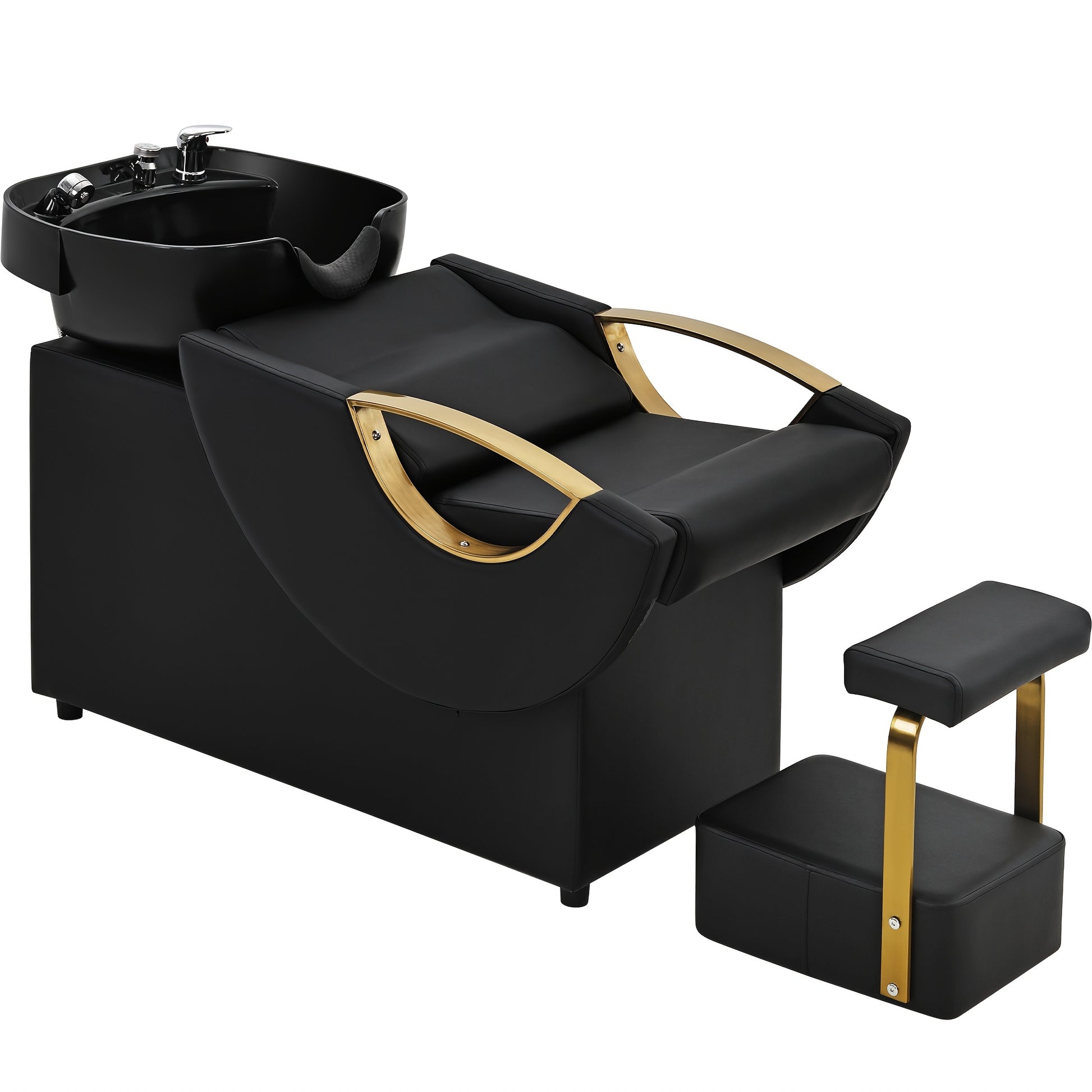 Black hair washing chair with gold accents on a white background