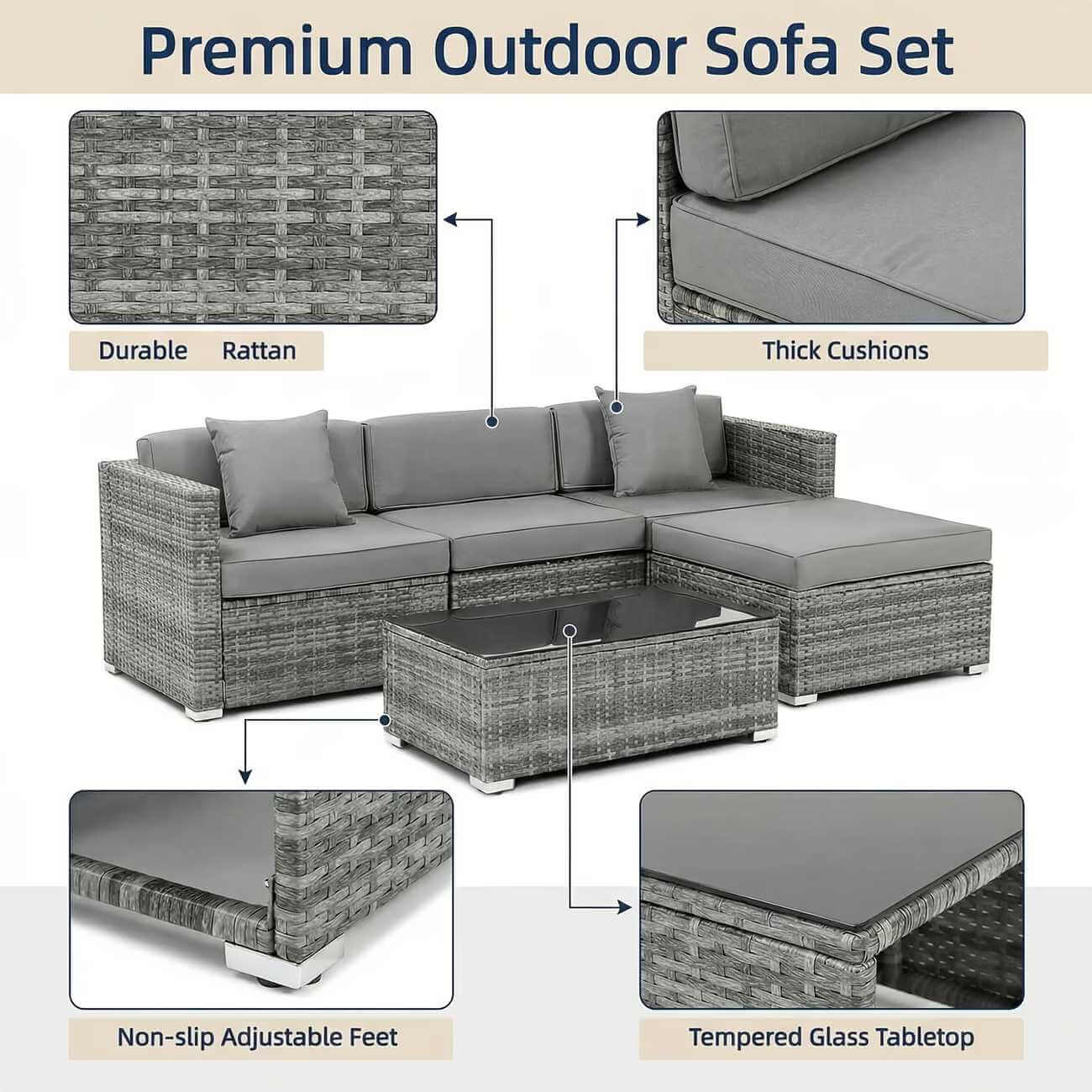 Outdoor sofa set with gray cushions and a coffee table, featuring durable rattan, thick cushions, non-slip adjustable feet, and a tempered glass tabletop.