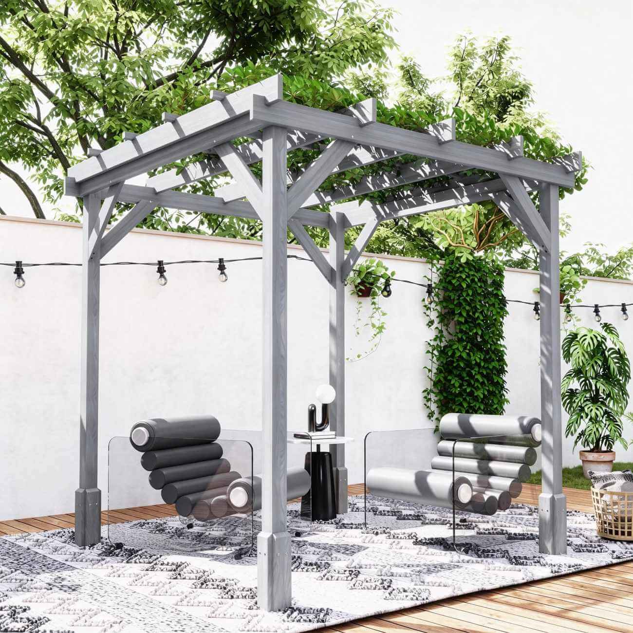 Wooden pergola with outdoor furniture in a backyard setting
