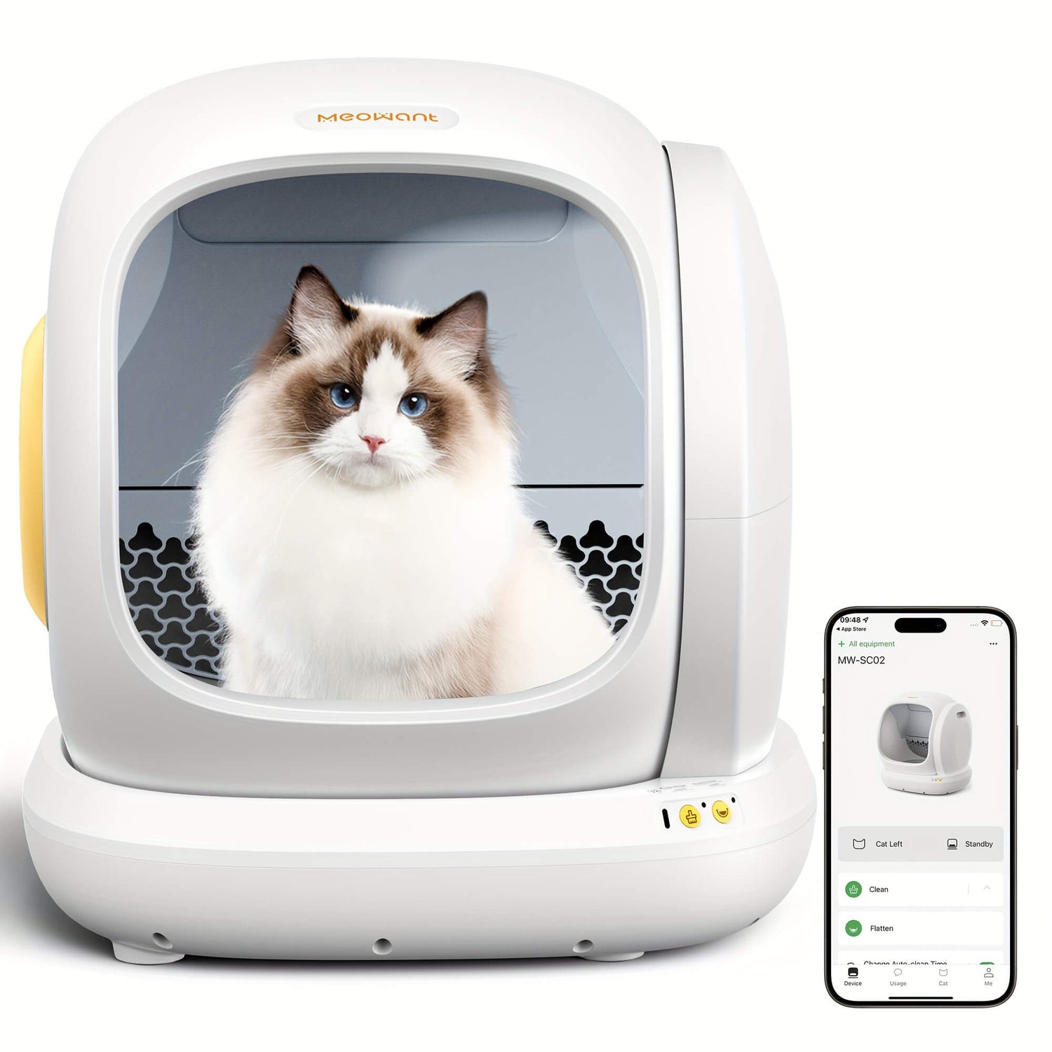 Meowant self cleaning litter box with a cat inside and a smartphone app on a white background