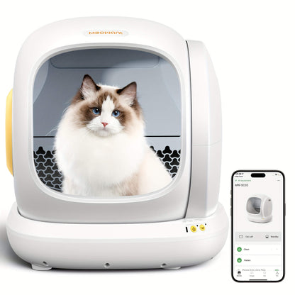Meowant self cleaning litter box with a cat inside and a smartphone app on a white background