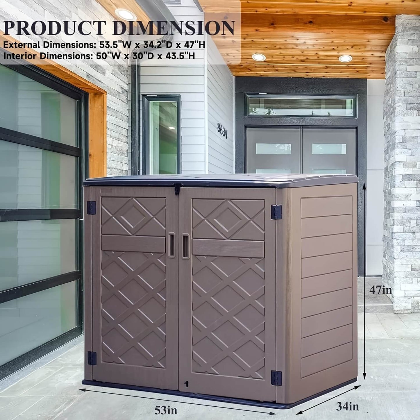 Resin outdoor storage shed with dimensions displayed in front of a house.