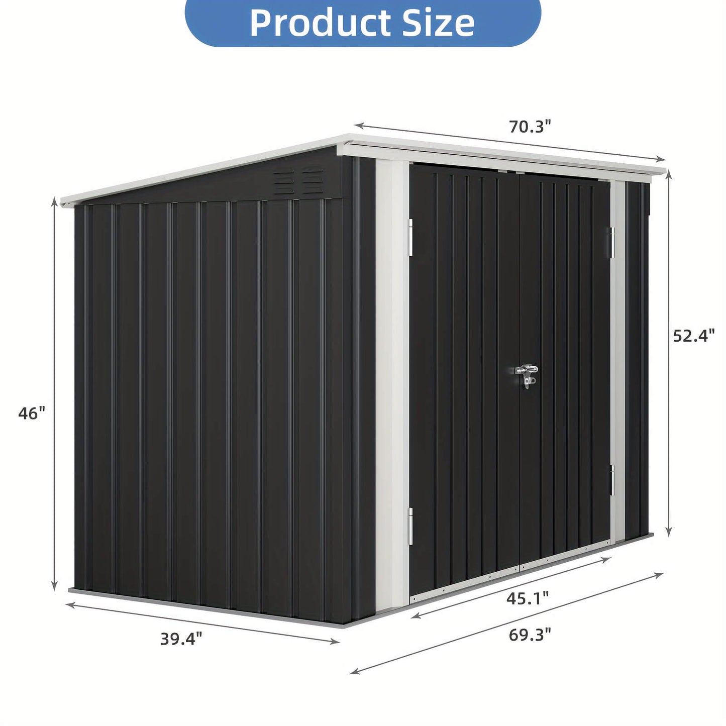 Black metal storage shed with dimensions labeled on a white background