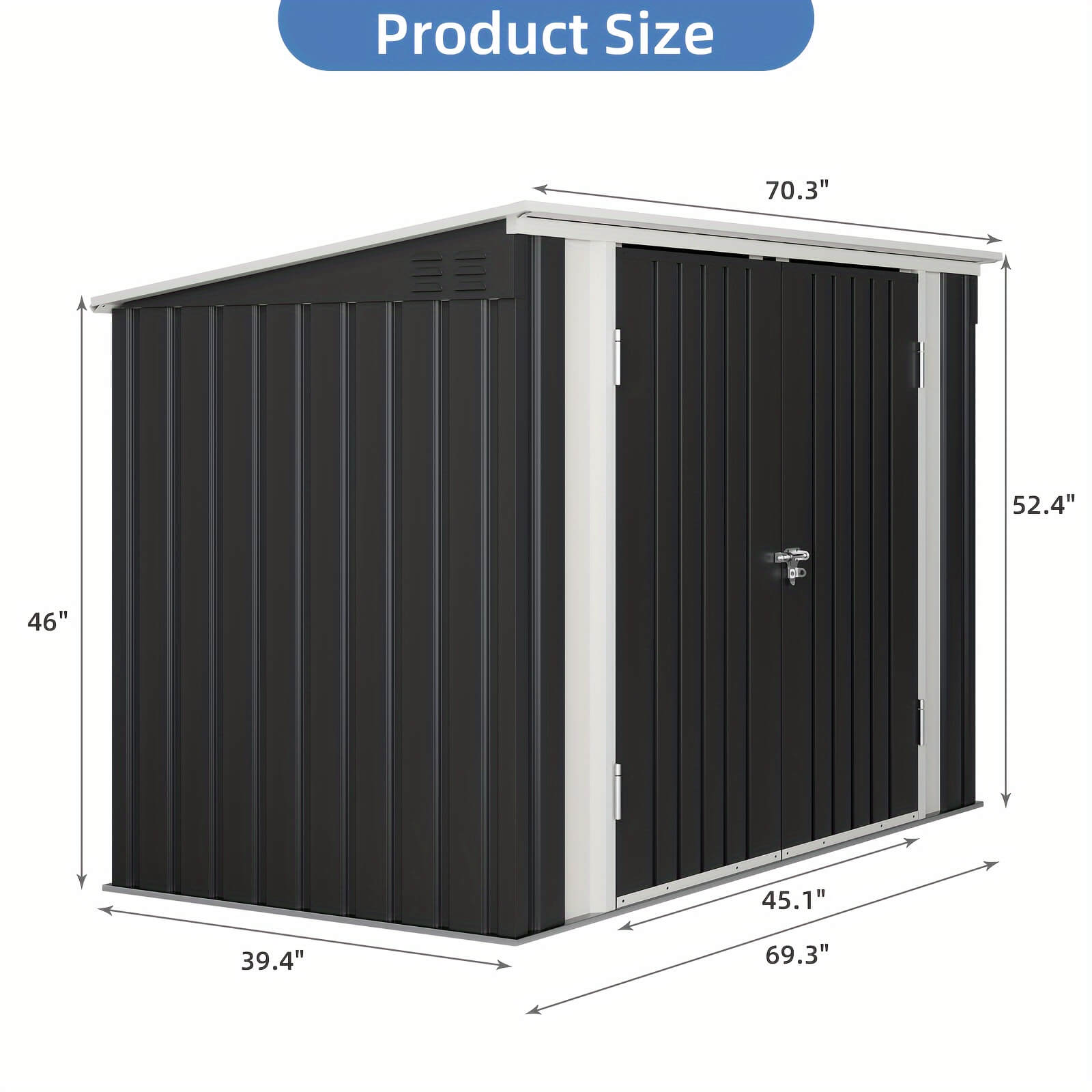 Black metal storage shed with dimensions labeled on a white background
