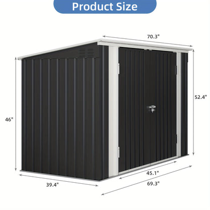 Black metal storage shed with dimensions labeled on a white background