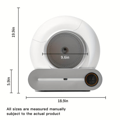 Measurement chart of a smart scoop cat litter box with dimensions labeled.
