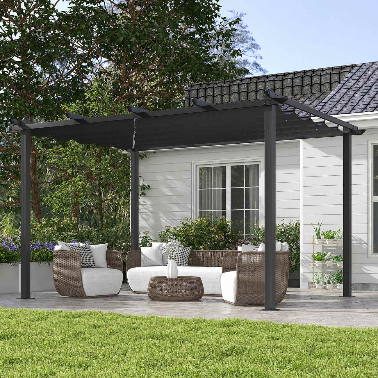 Outdoor patio with pergola, furniture, and house in the background