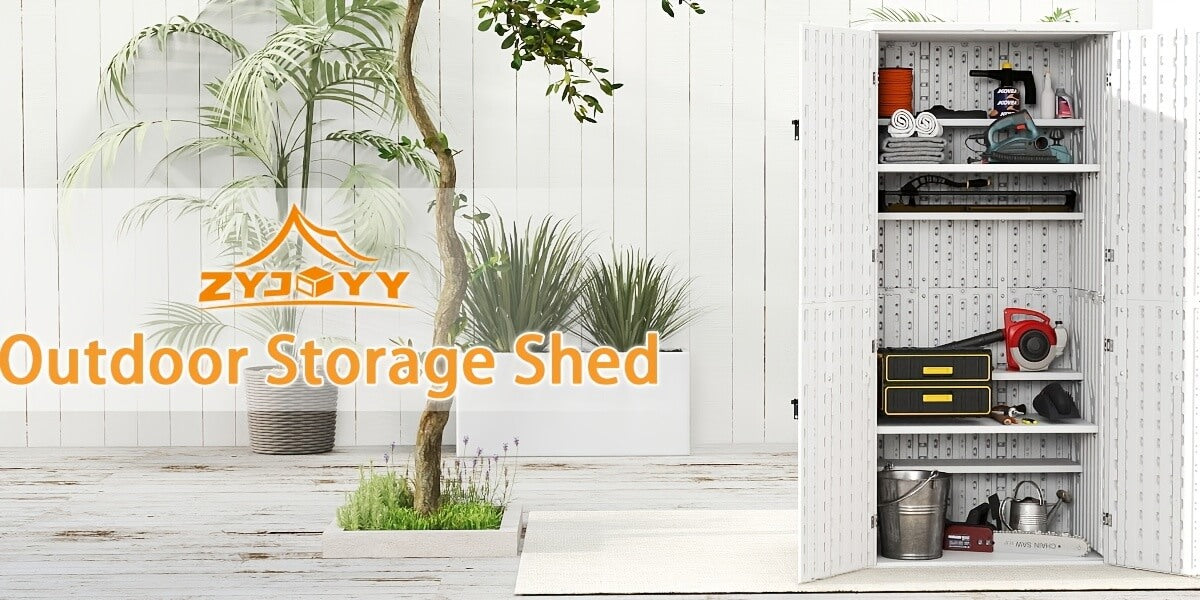 Resin outdoor storage shed with tools and equipment.