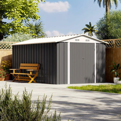 Gray metal shed with a wooden bench in a garden setting