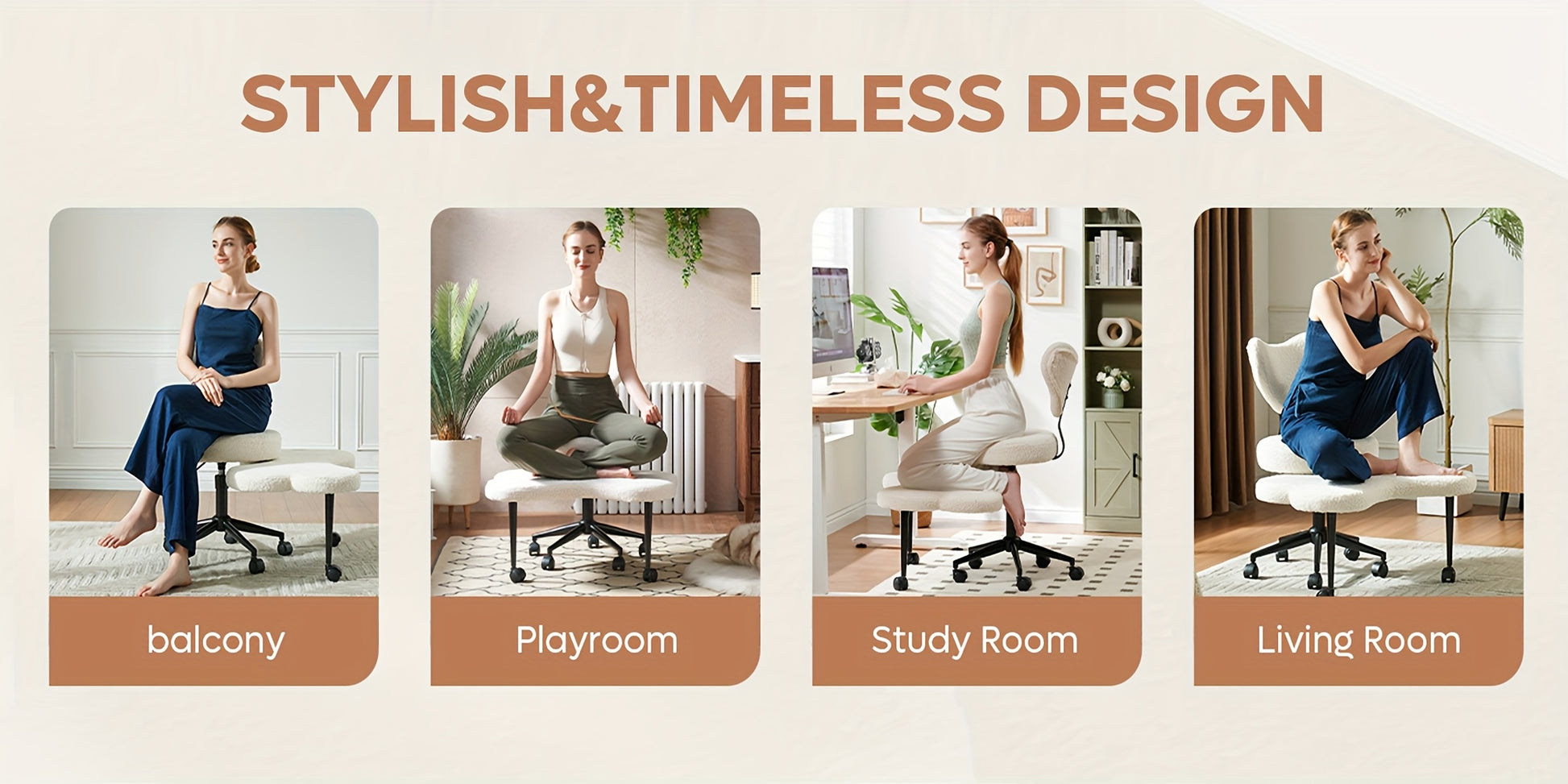 Chair being used in various rooms with text 'Stylish & Timeless Design' above.