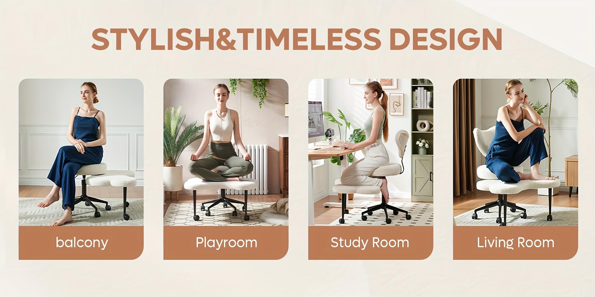 The meditation chair being used in different rooms with text 'Stylish & Timeless Design' above.