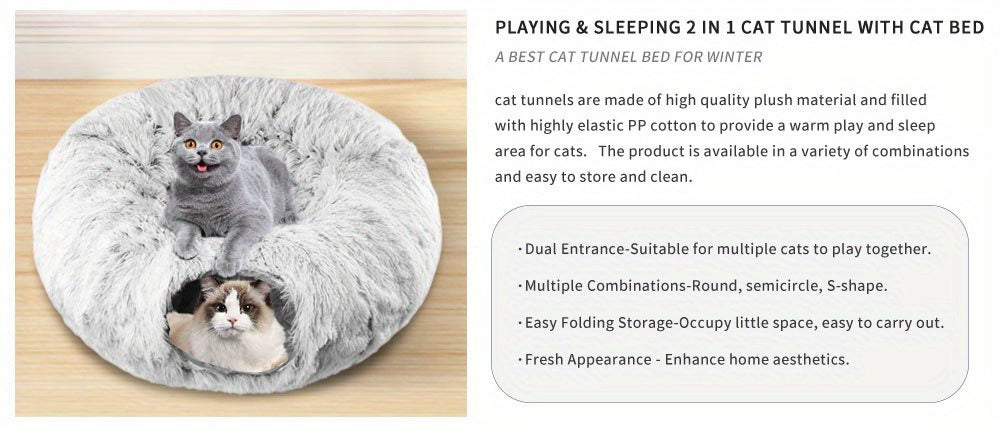 Cat tunnel with cat bed and two cats inside on a wooden floor.