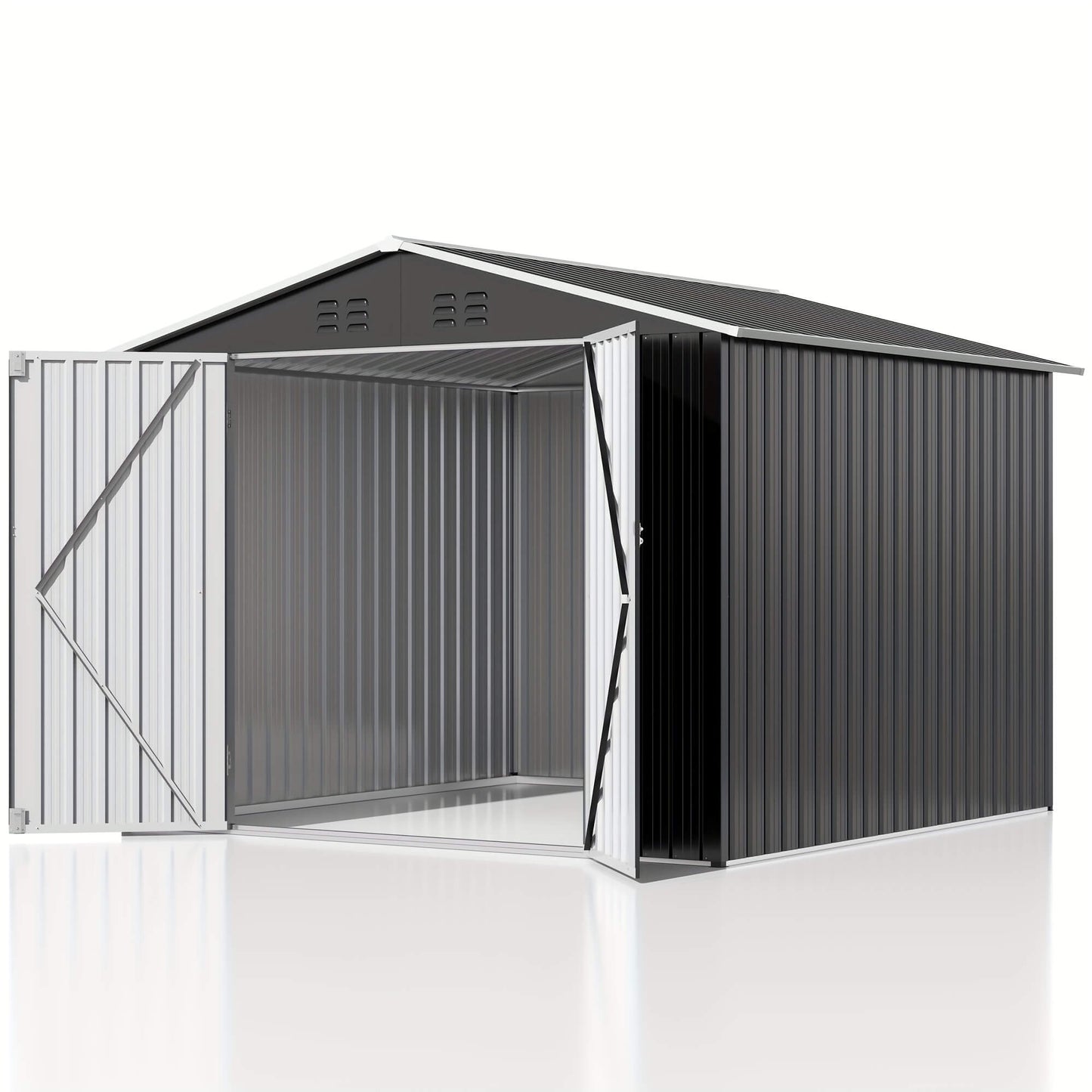Metal storage shed with open door on a white background