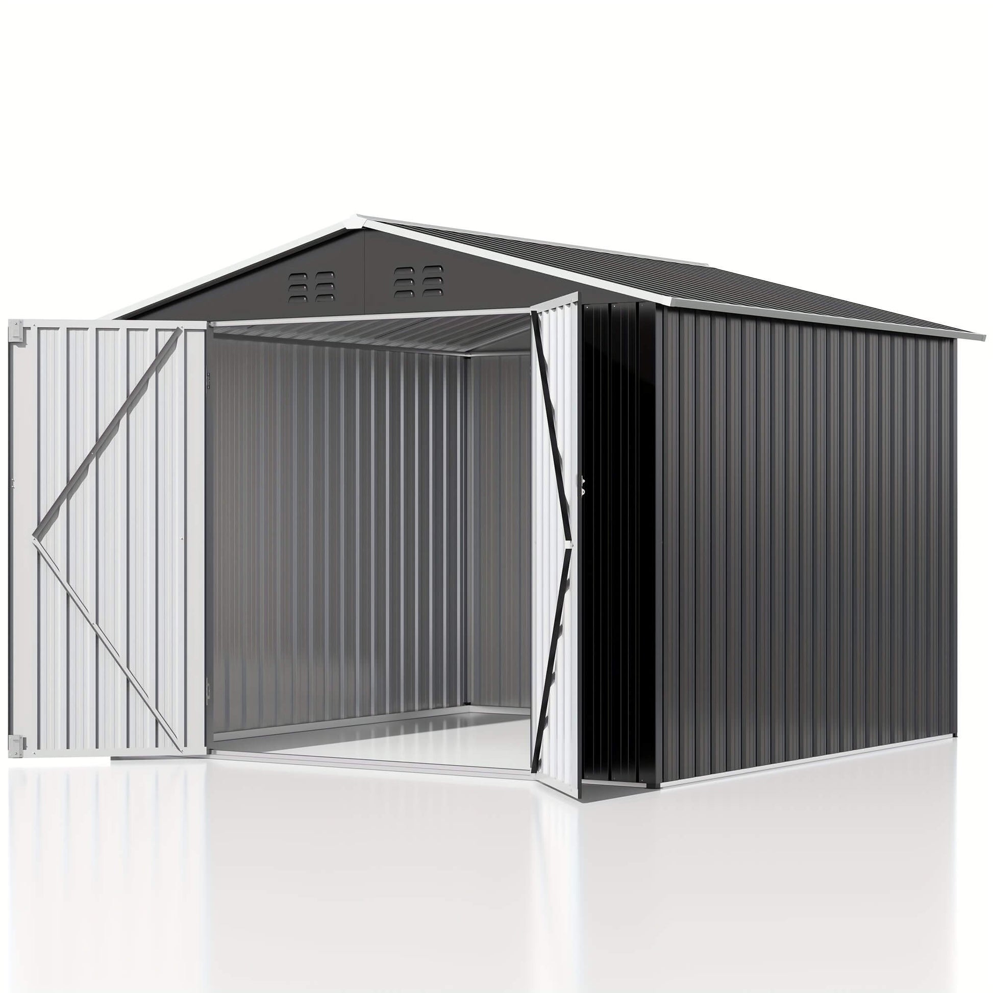 Metal storage shed with open door on a white background