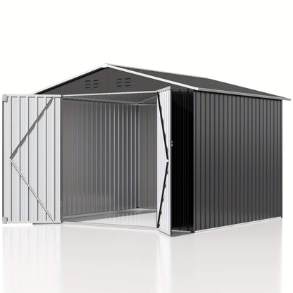 Metal storage shed with open door on a white background