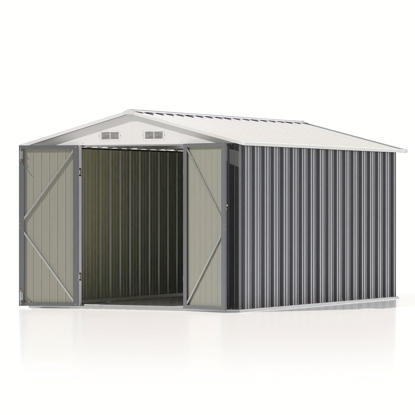 Metal storage shed with a white roof on a white background