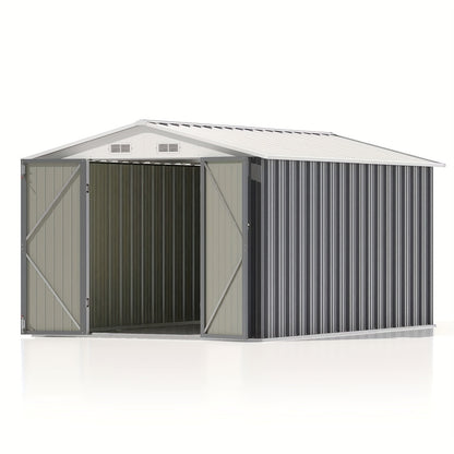 Metal storage shed with a white roof on a white background