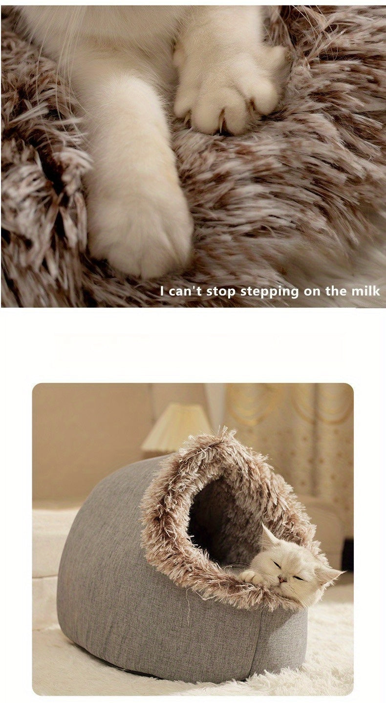 Cat lying on a fluffy cushion  and another cat inside a gray cat cave bed.