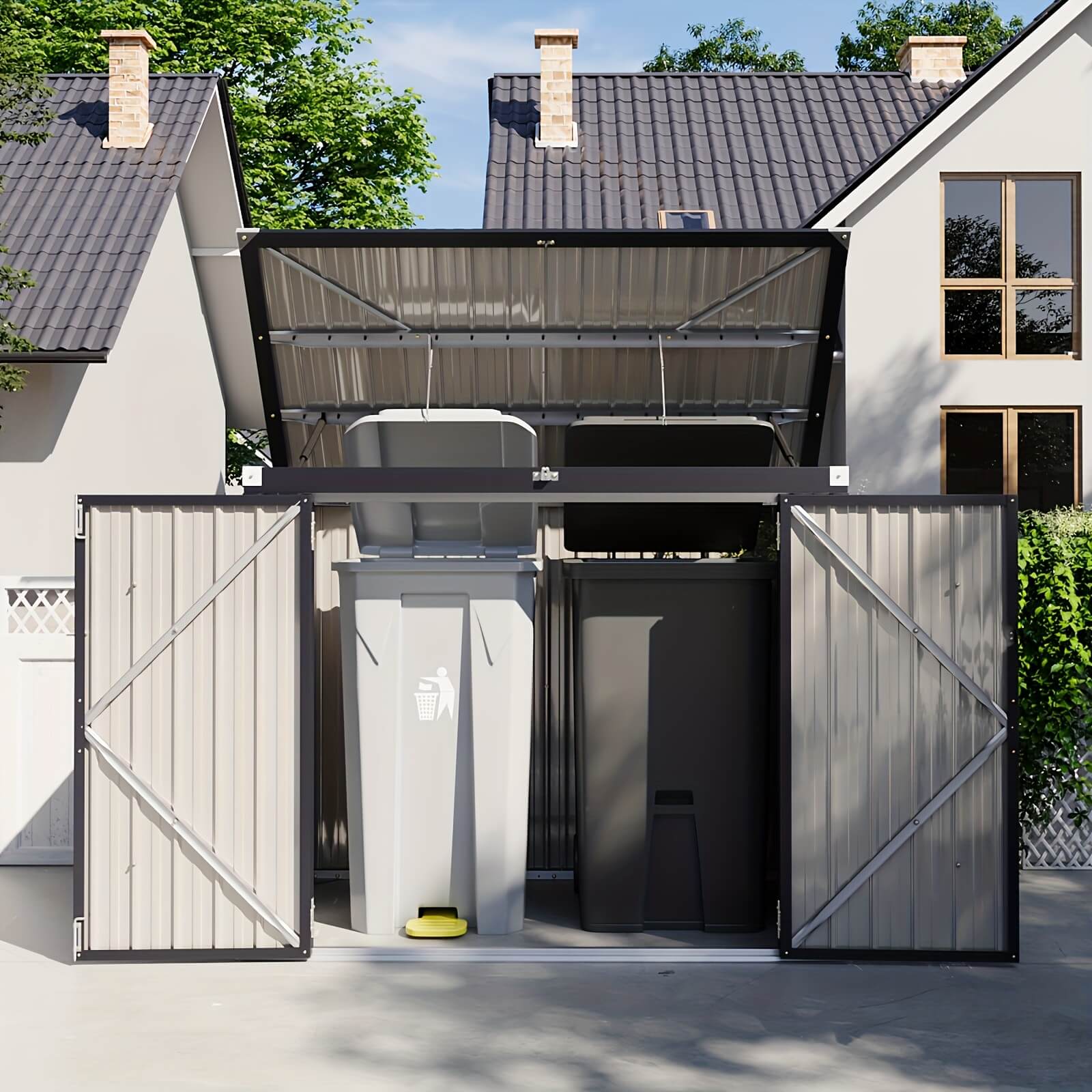 Horizontal outdoor storage shed with open doors revealing two trash bins, house in the background