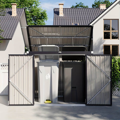 Horizontal outdoor storage shed with open doors revealing two trash bins, house in the background