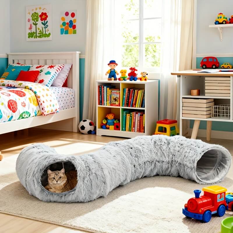 Cat playing with a cat donut in a child's room with toys and books.