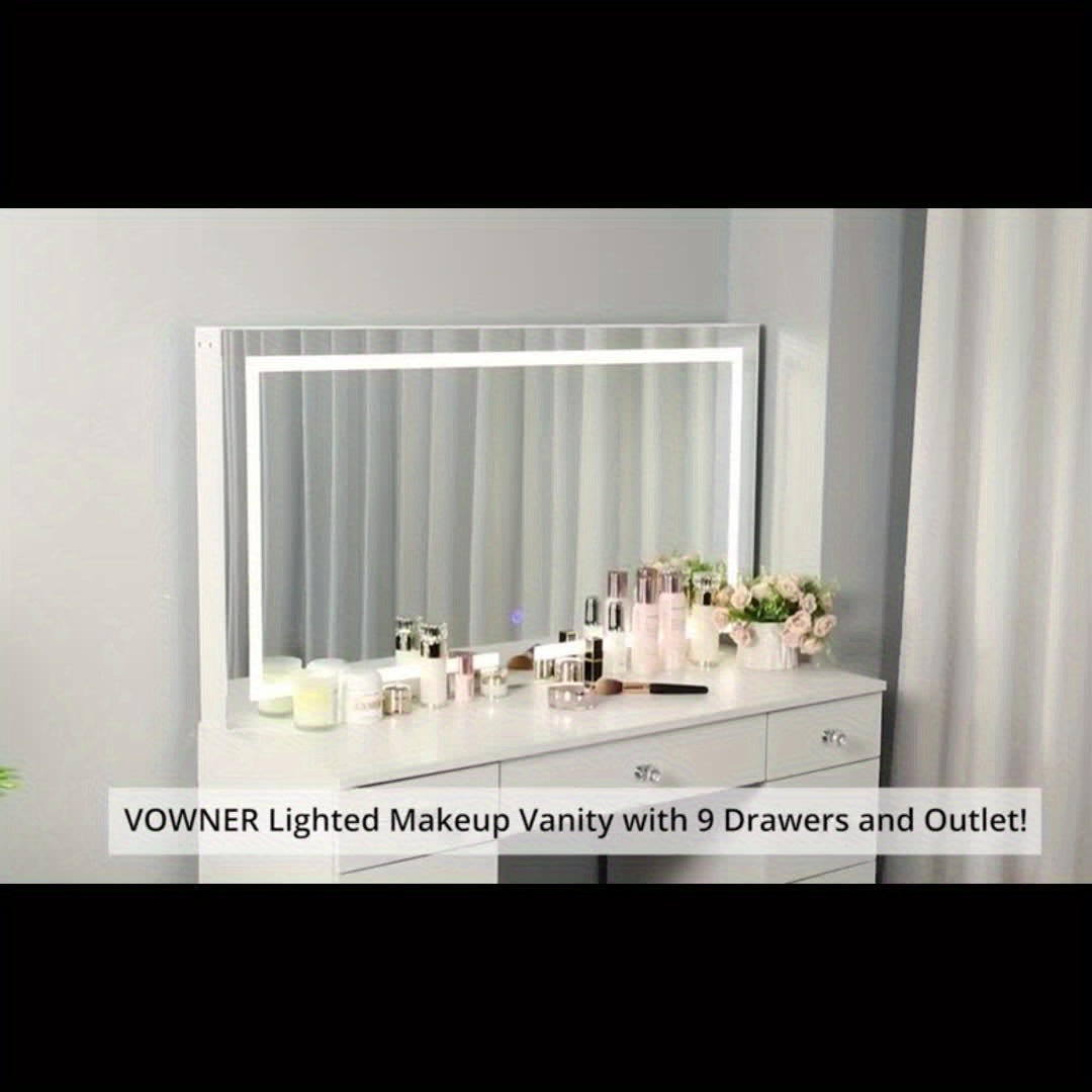 Lighted Makeup Vanity with 9 Drawers and Outlet in a room setting.