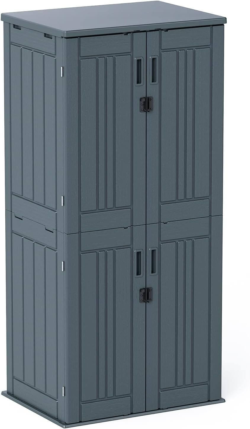 Gray outdoor storage cabinet with four doors on a white background