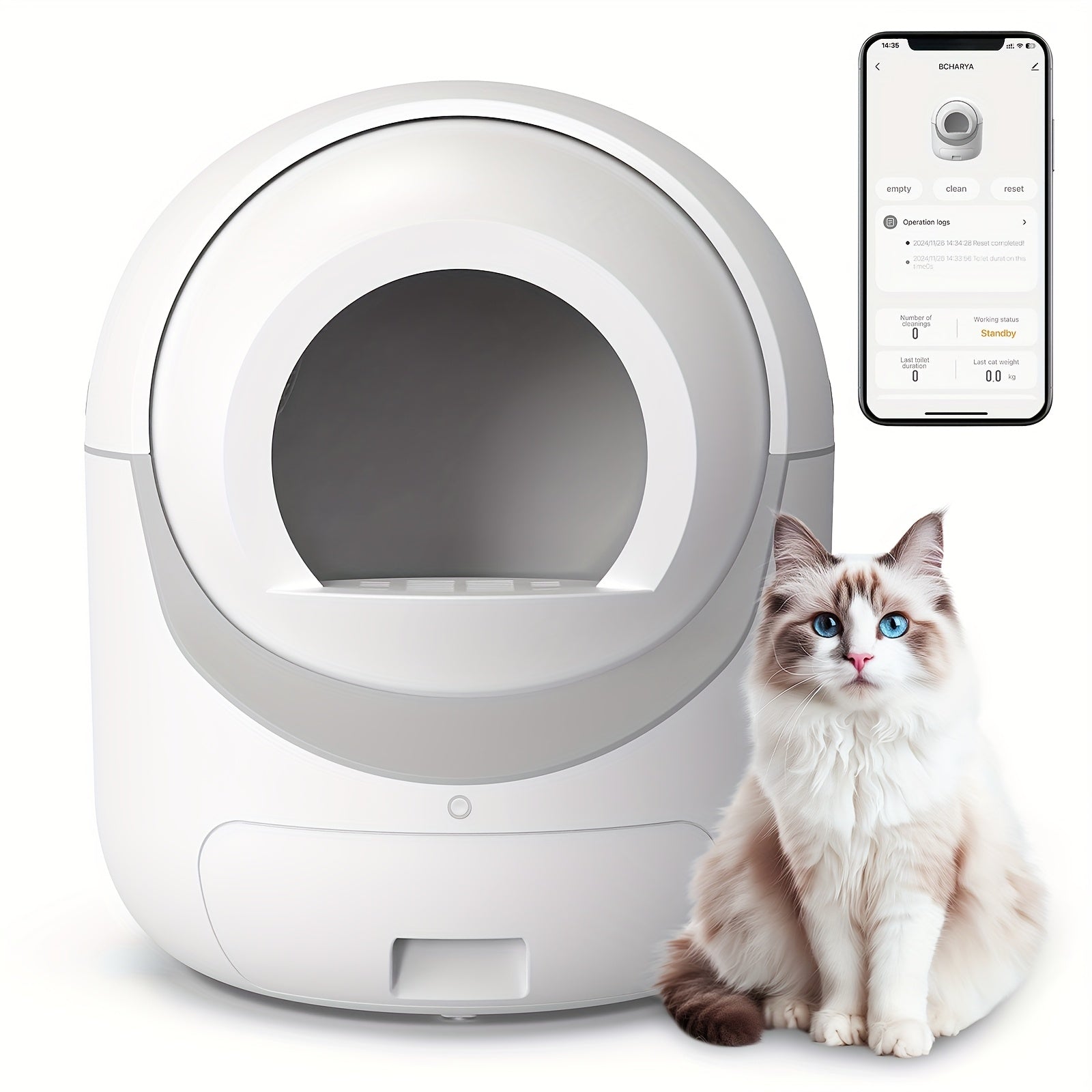 Smart pet litter box with a cat and smartphone app on a white background