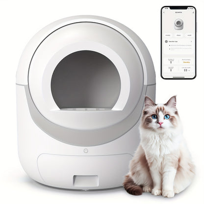 Smart pet litter box with a cat and smartphone app on a white background
