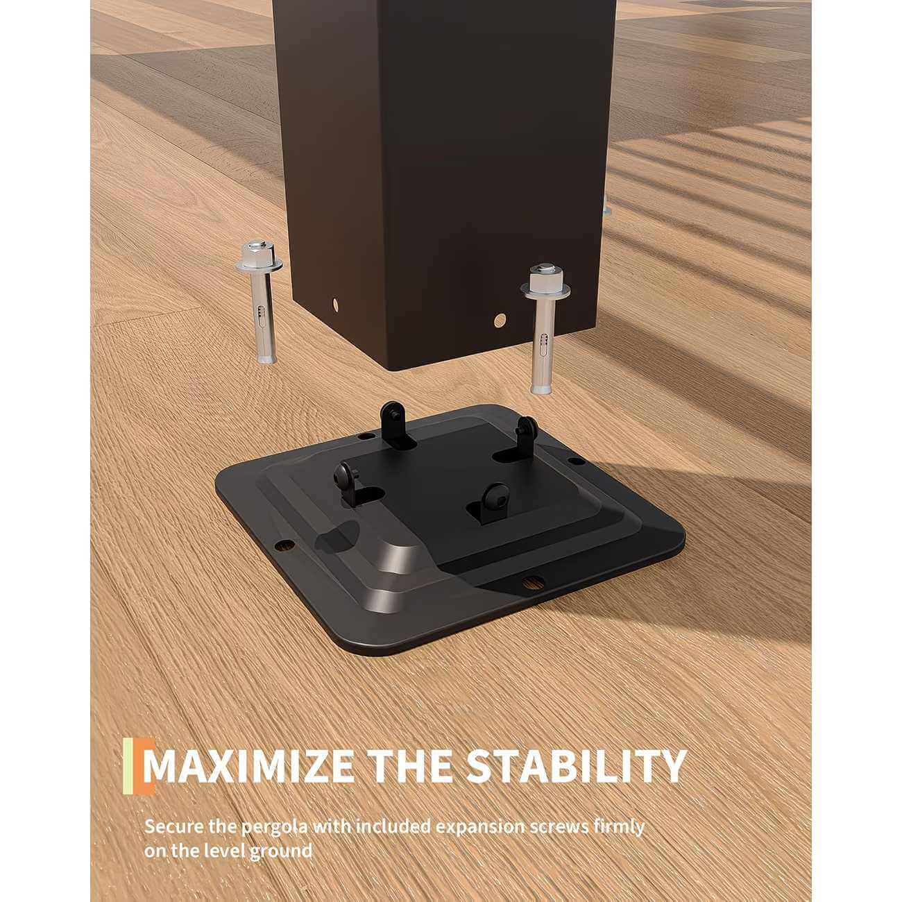 Pergola support base with expansion screws on a wooden floor, featuring text to maximize stability.