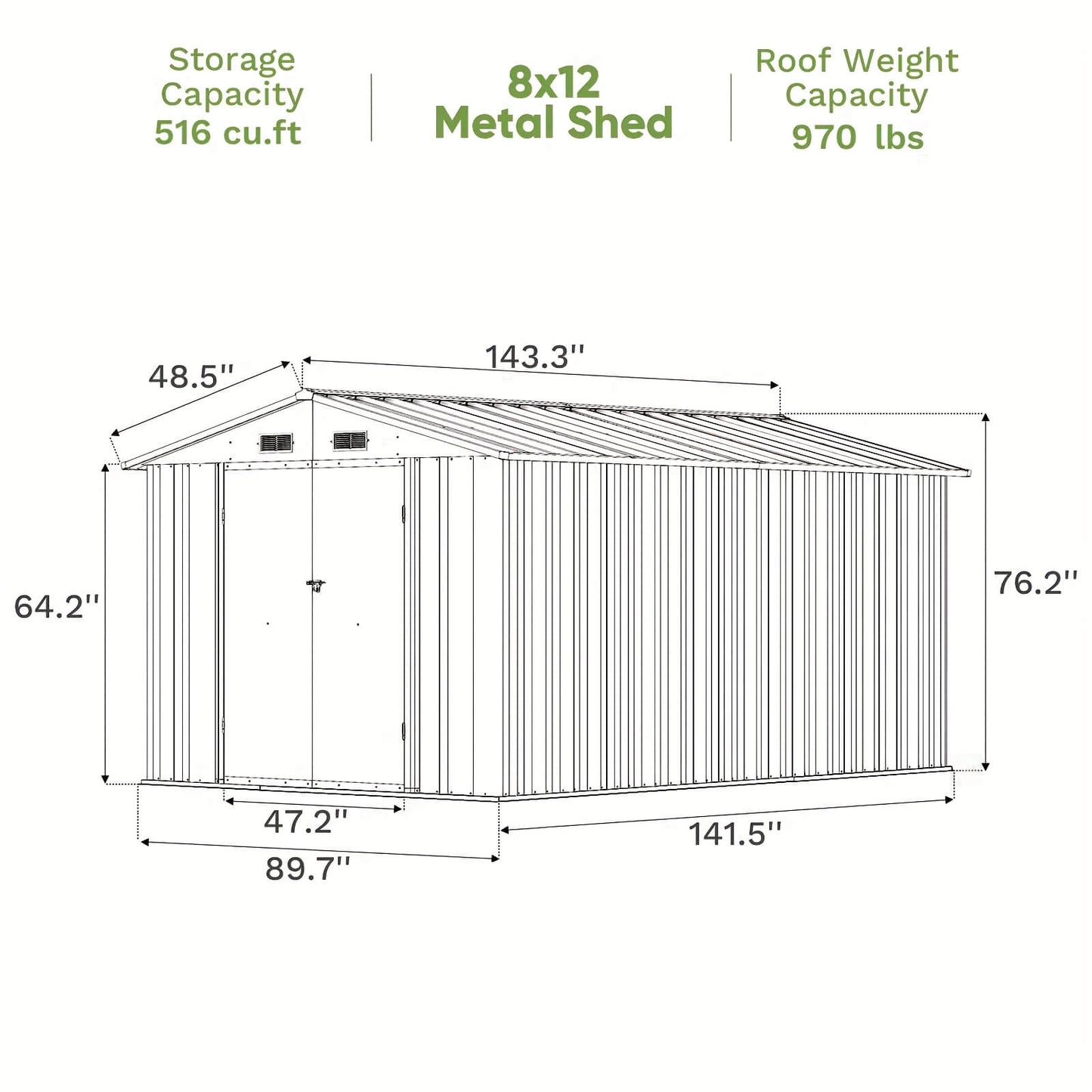 Diagram of an 8x12 metal shed with dimensions and capacity details.