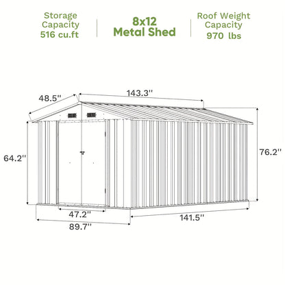Diagram of an 8x12 metal shed with dimensions and capacity details.
