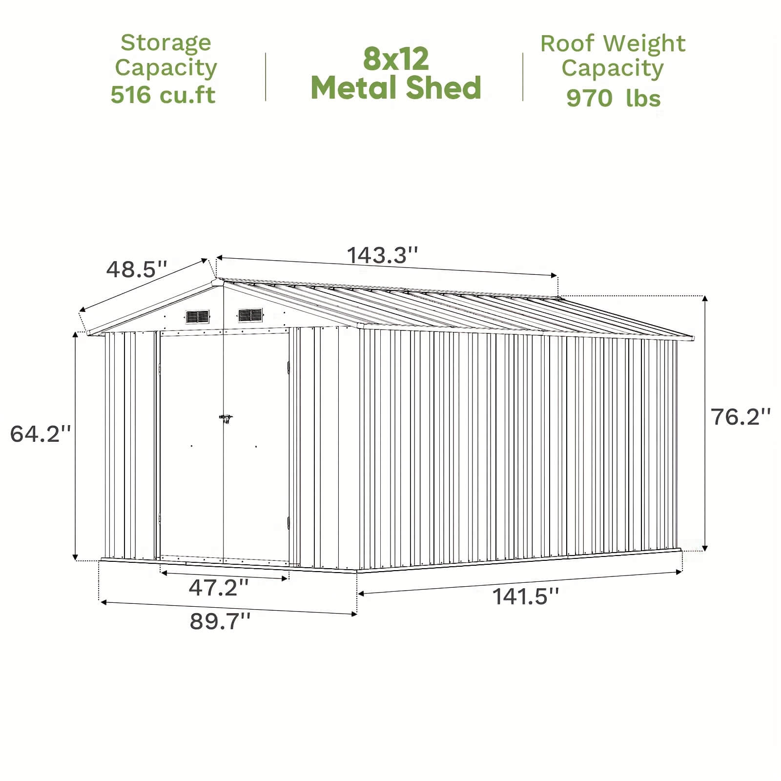 Diagram of an 8x12 metal shed with dimensions and capacity details.