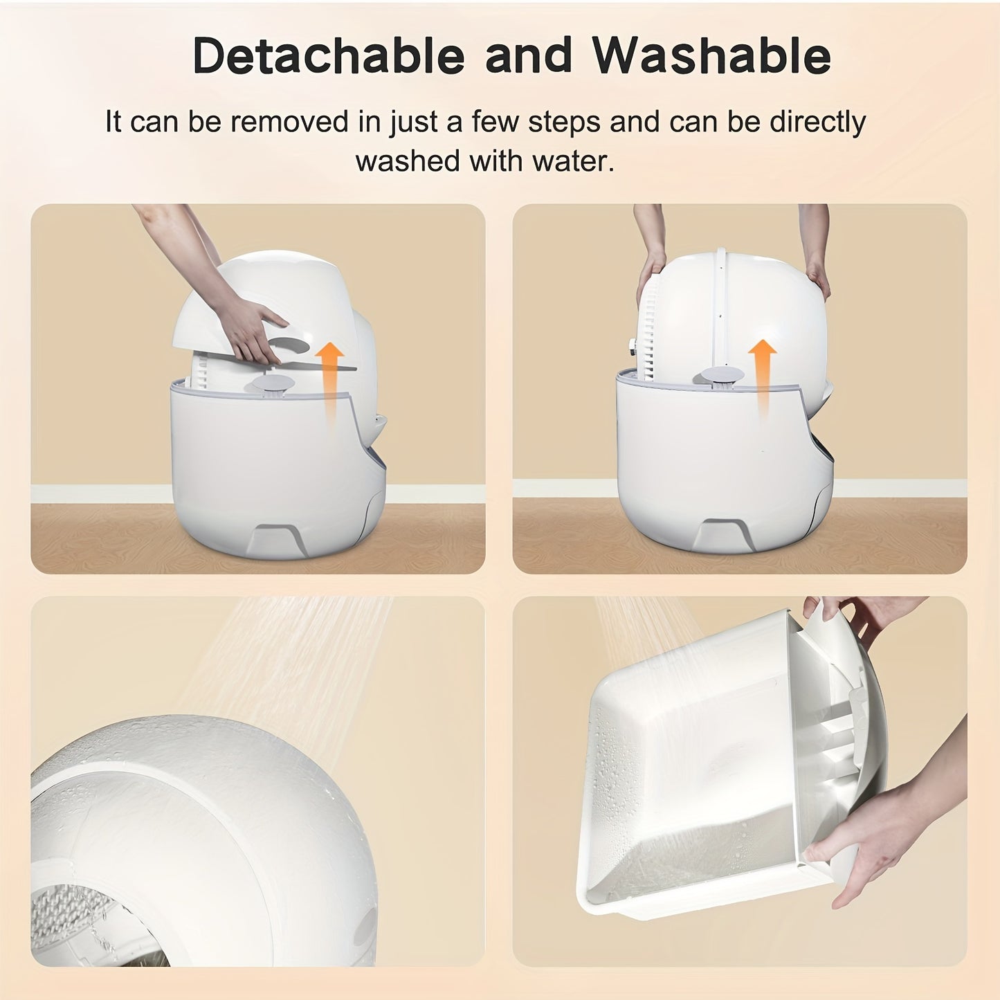 Detachable and washable automatic cat litter box being demonstrated with text on a beige background