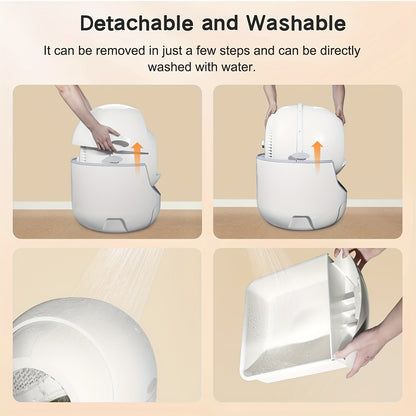 Detachable and washable automatic cat litter box being demonstrated with text on a beige background