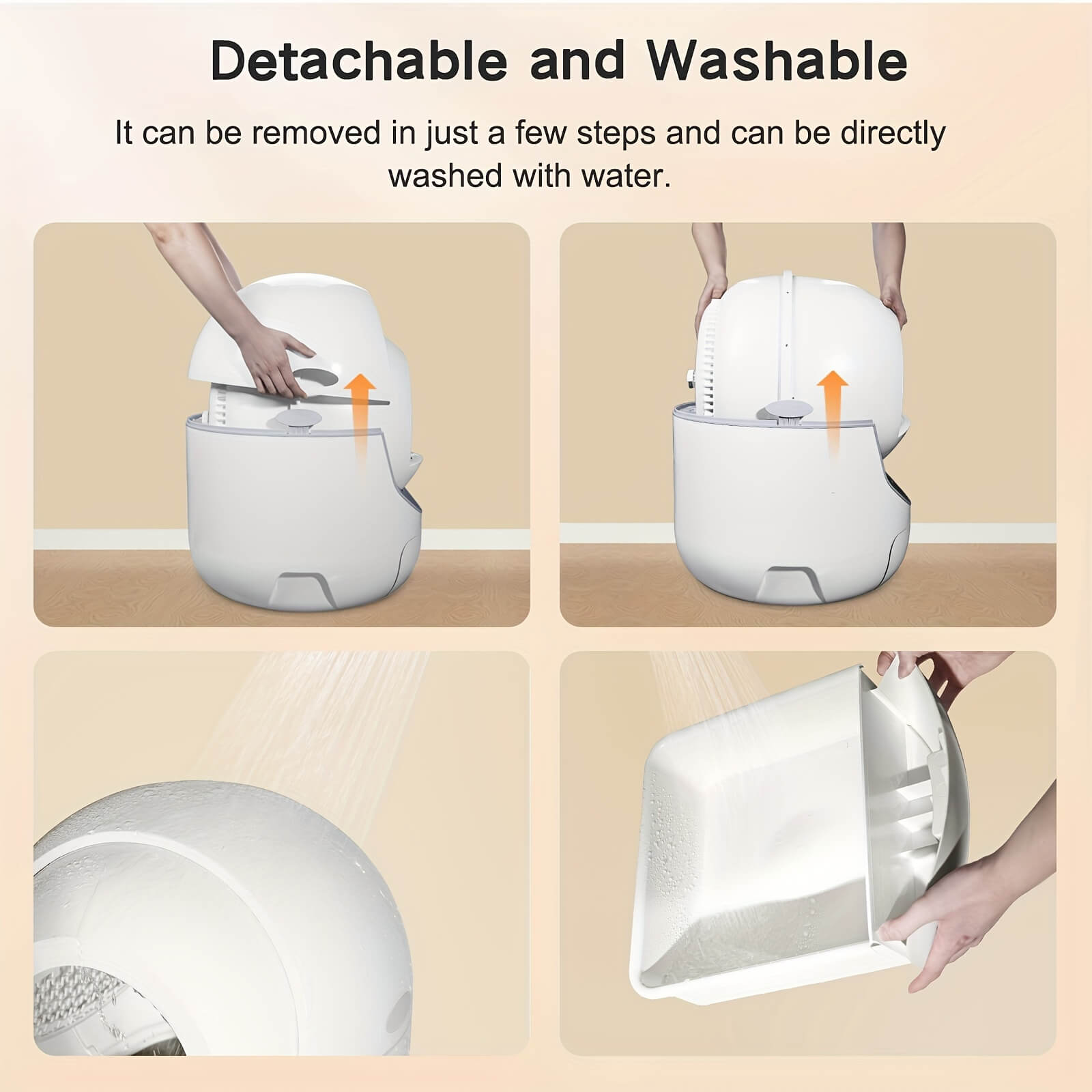Detachable and washable automatic cat litter box being demonstrated with text on a beige background