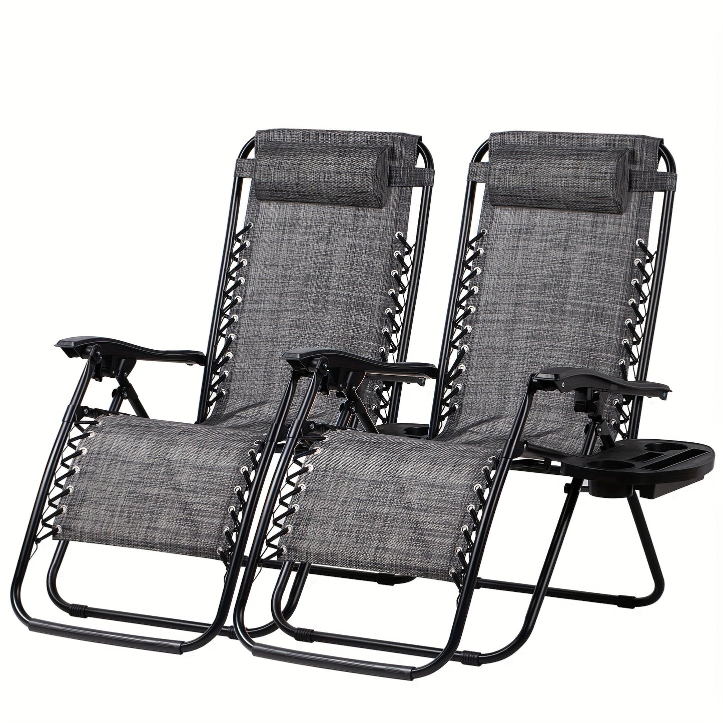 Two gray lounge chairs with black frames on a white background