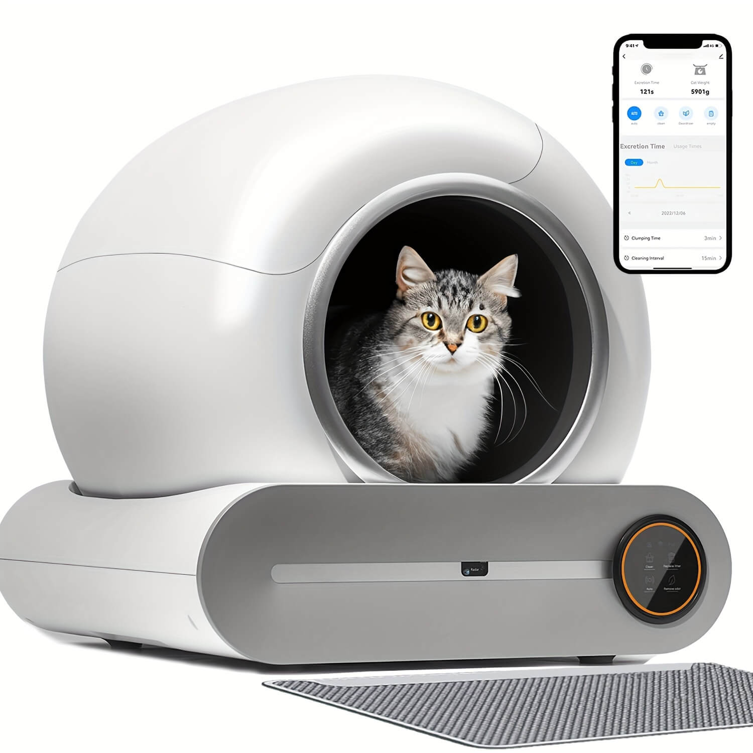 Load video: Smart scoop cat litter box​ with a cat inside and a smartphone app displayed on a white background